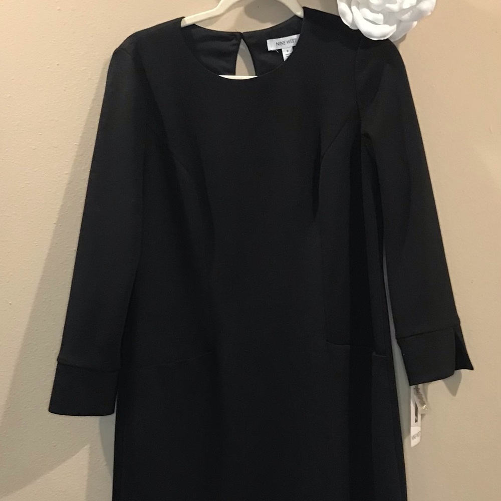 Nine West Women’s Dress Black Sheath Midi Long Sleeves Classic Size 8 [x]